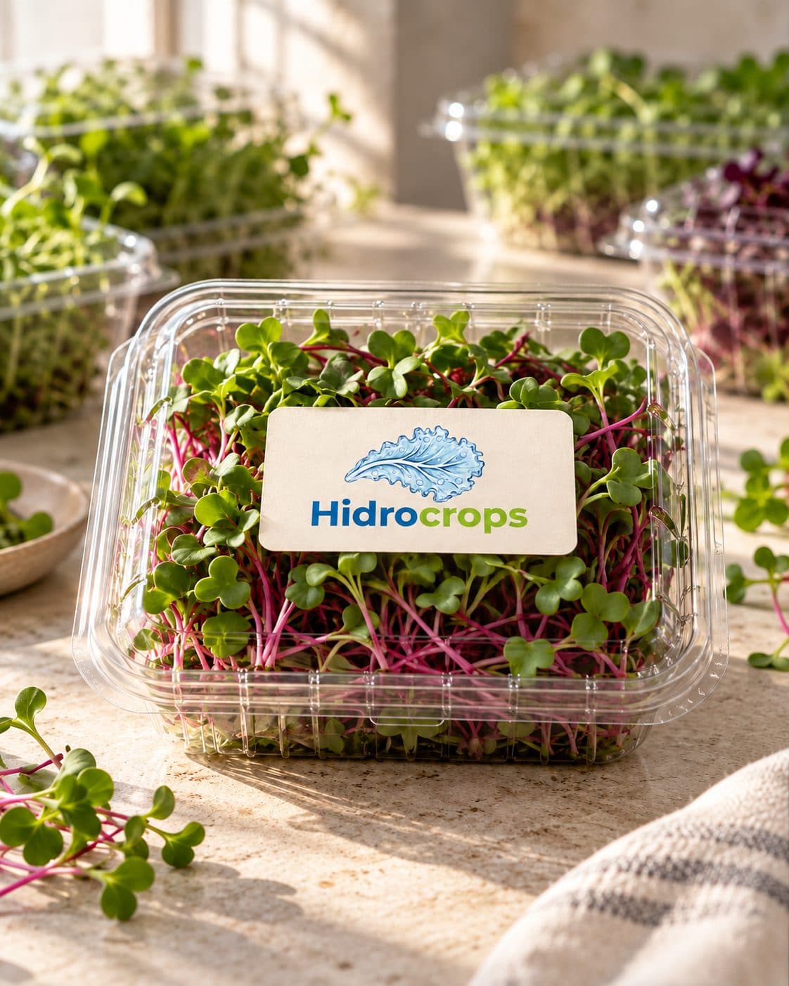 Bandeja de microgreens con etiqueta Hidrocrops